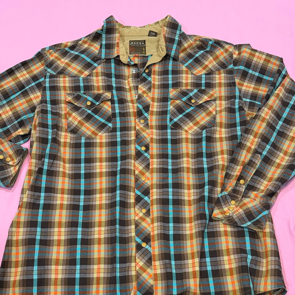 Roper Men's Blue and Brown Plaid Button Down Shirt
